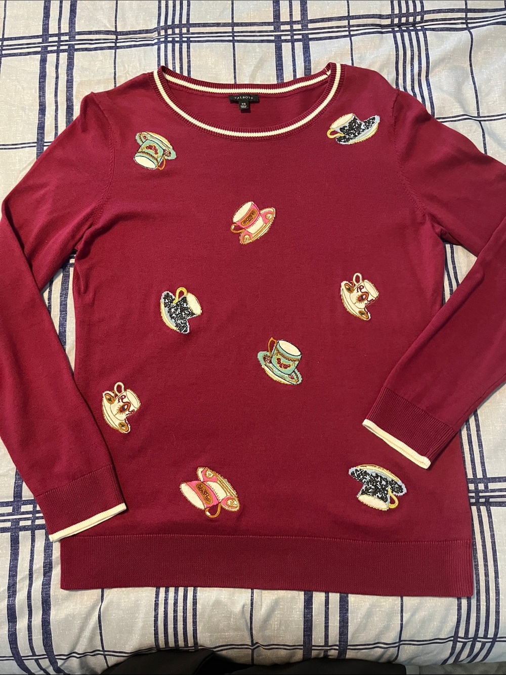 Talbots Wine Red Crewneck Sweater with Embroidered Teacups